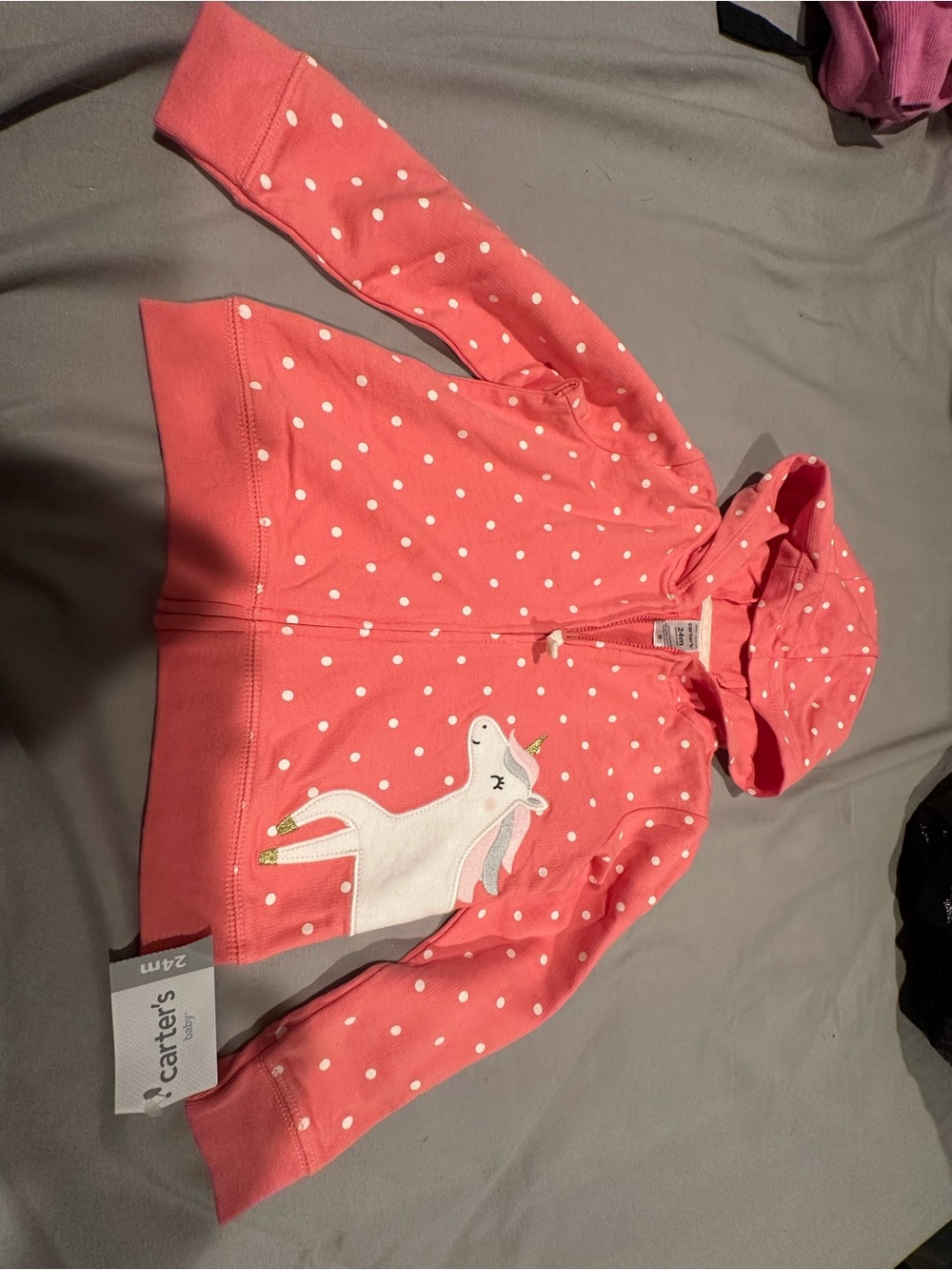 Carter's Coral Pink Polka Dot Unicorn Hooded Zip Sweatshirt